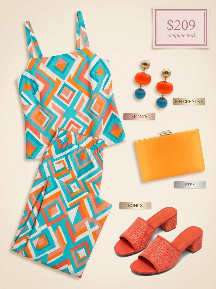 Vibrant turquoise, orange, coral tropical print two-piece set with coral heels for vacation outfits summer evening.