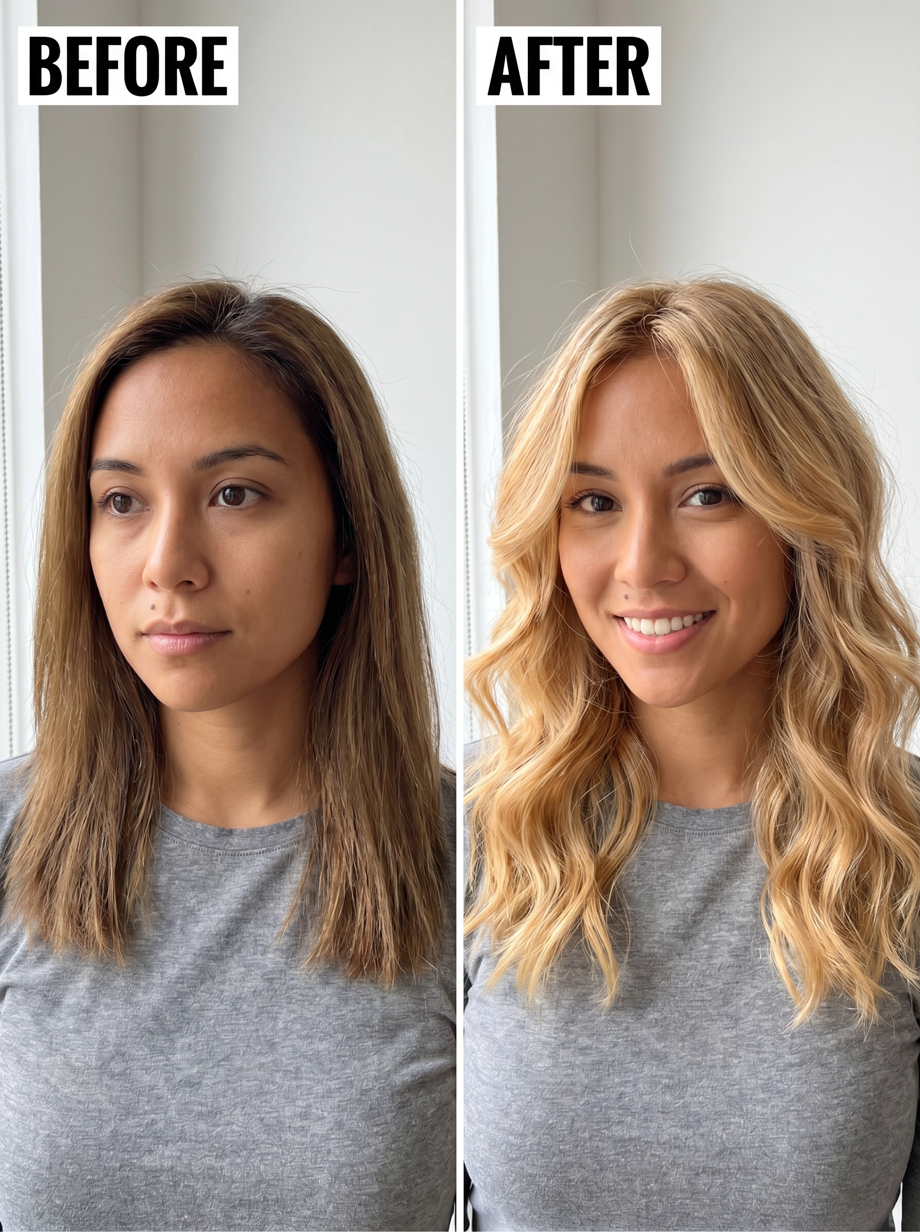 Voluminous Nectar Blonde Butterfly Cut showcasing glamorous warm blonde hair with honey and golden tones, perfect for everyday or special events, maintained with Olaplex.