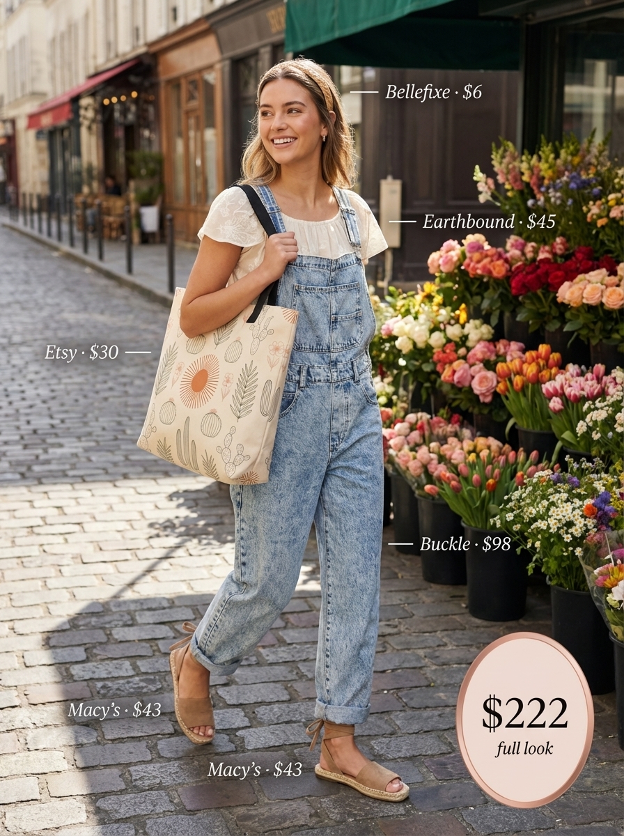 Bohemian Western chic outfit with medium wash denim overalls, an off-white embroidered peasant blouse, braided leather headscarf, desert-print tote, and tan espadrille sandals, perfect for brunch.