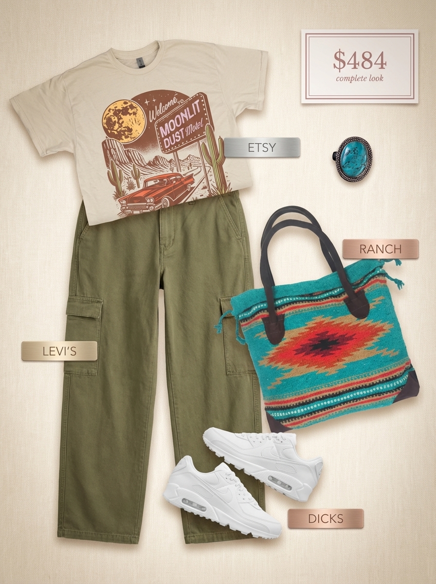 A Western chic outfit featuring an olive green cargo pants, cream desert motif t-shirt, multi-color Southwestern print tote, turquoise ring, and white chunky sneakers for a casual weekend day trip.