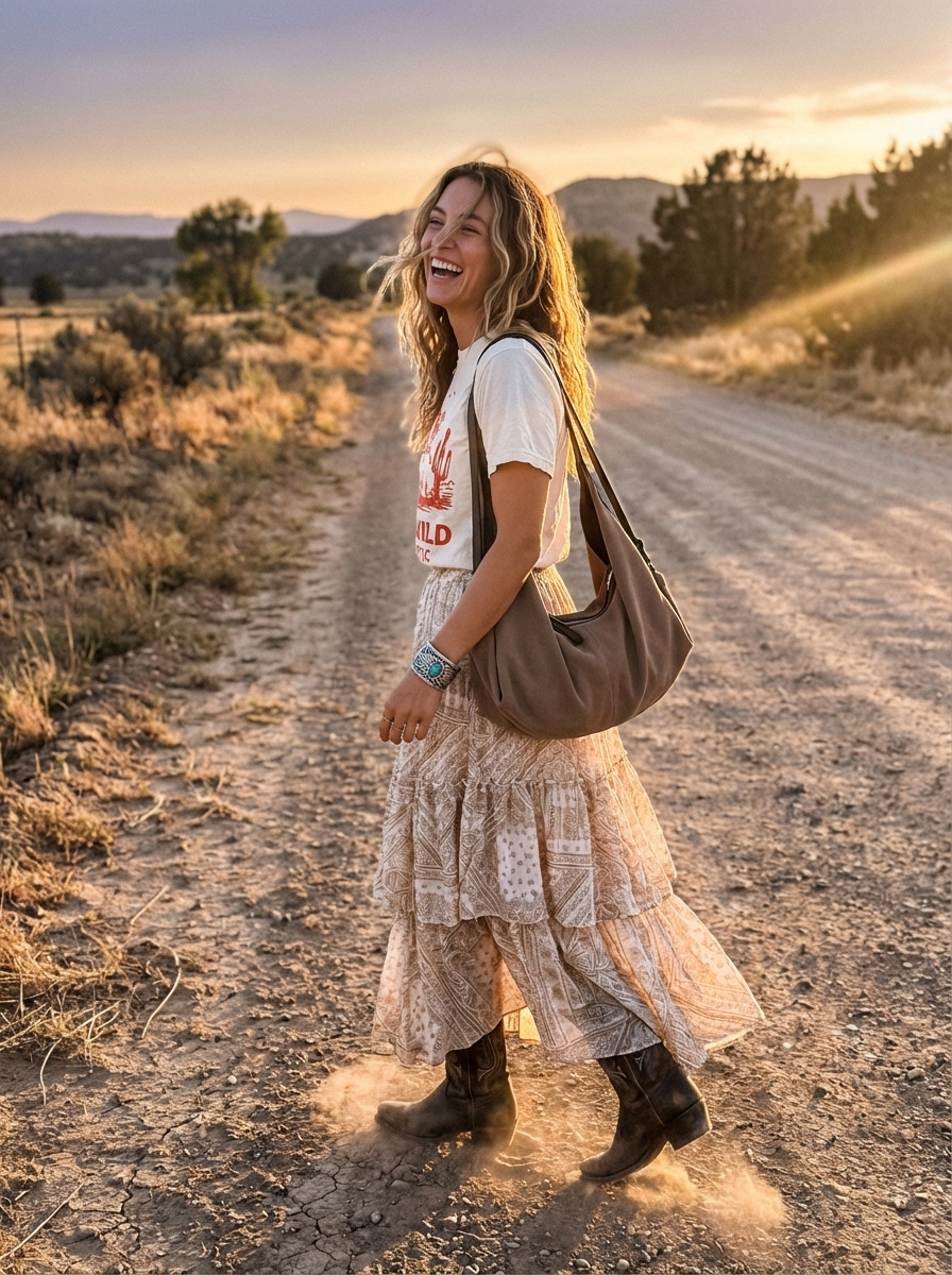 An eclectic Western chic festival outfit with a rust tiered paisley maxi skirt, cream graphic tee, classic cowboy boots, suede hobo bag, and turquoise cuff bracelet, for outdoor events.