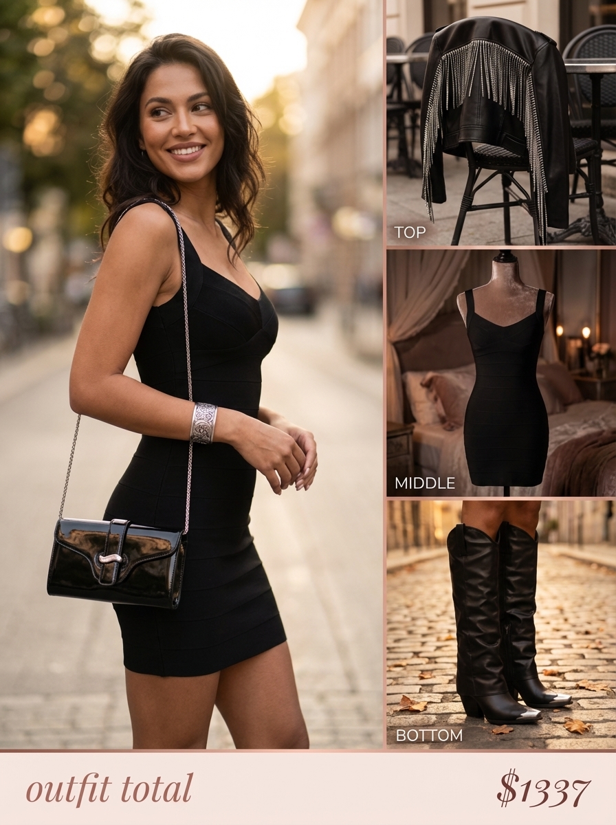 Glamorous 'Western chic' night out look: black bodycon mini dress, fringed faux leather jacket, knee-high cowboy boots and silver cuff.