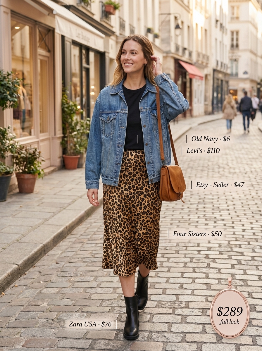 An effortless 'Western chic' casual outfit: oversized denim jacket, black tee, leopard print midi skirt, black ankle boots, and crossbody bag.