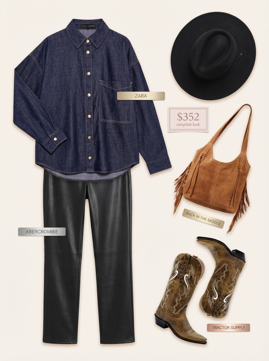 An edgy 'Western chic' concert outfit: oversized denim shirt, faux leather pants, cowboy boots, felt hat and fringe saddle bag.