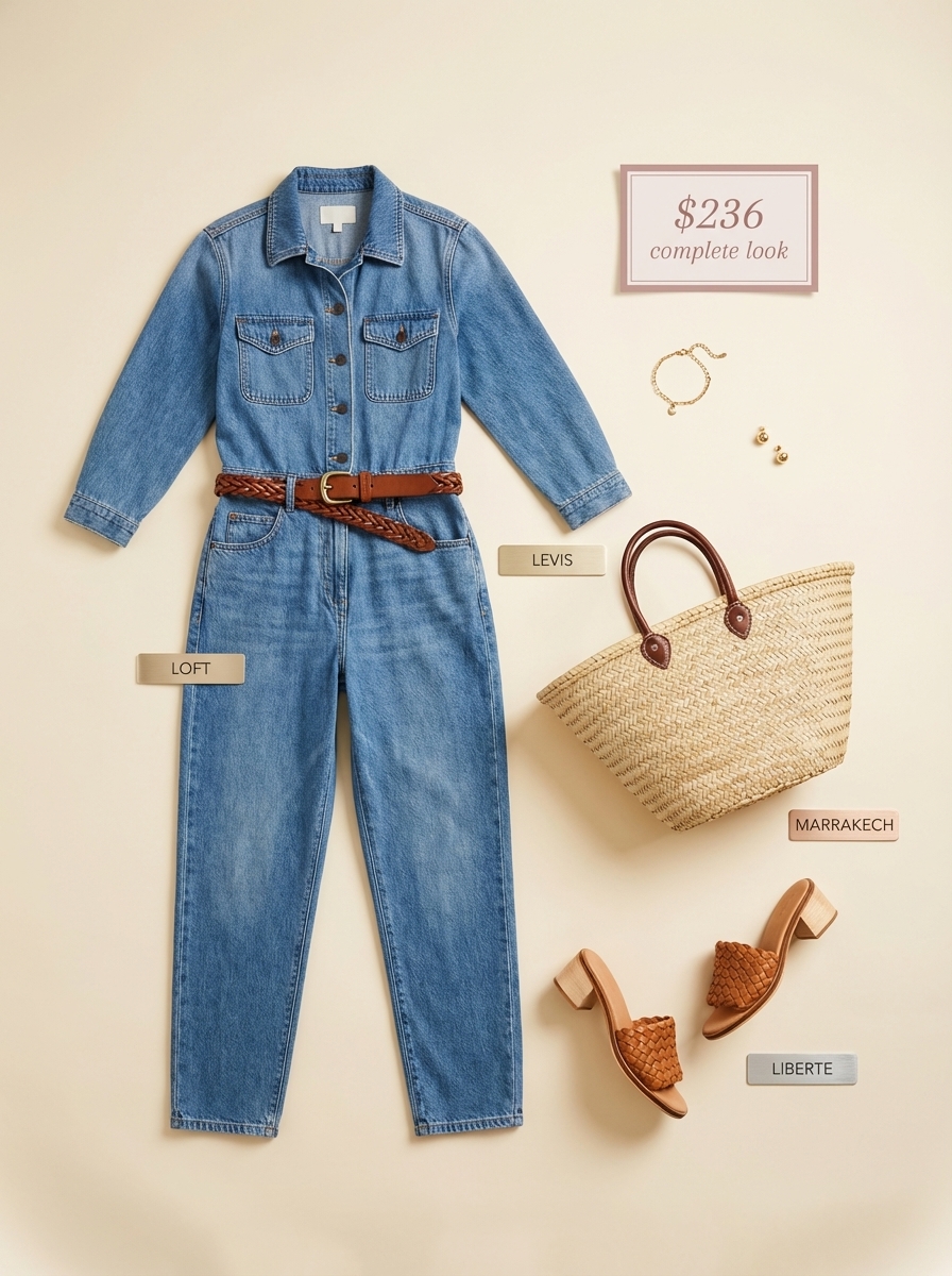A 'Western chic' casual weekend outfit featuring a light wash denim utility jumpsuit with a braided belt, red bandana and tan leather mules.