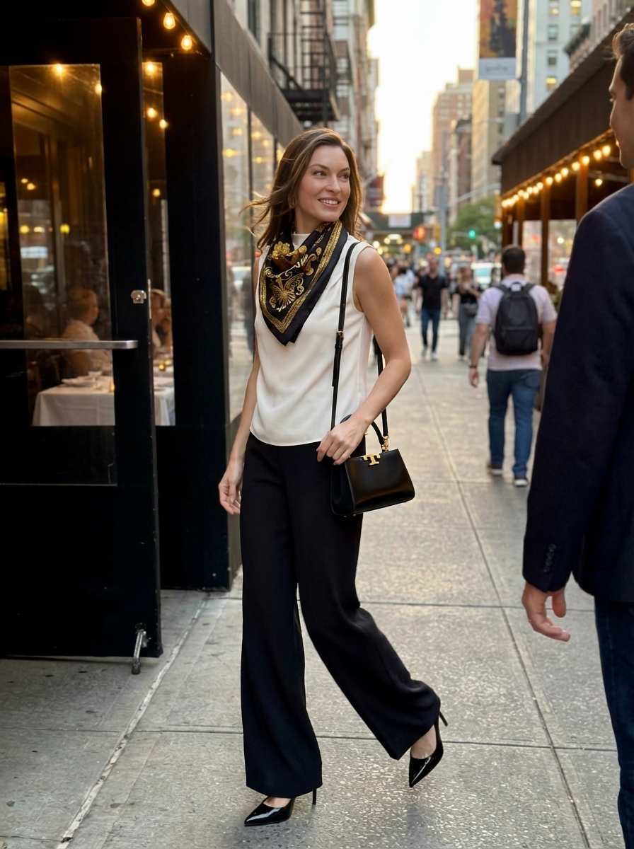 A glamorous Western chic outfit for special events, featuring a gold and black silk scarf, ivory satin blouse, black wide-leg trousers, black stiletto heels, and a black top-handle bag.
