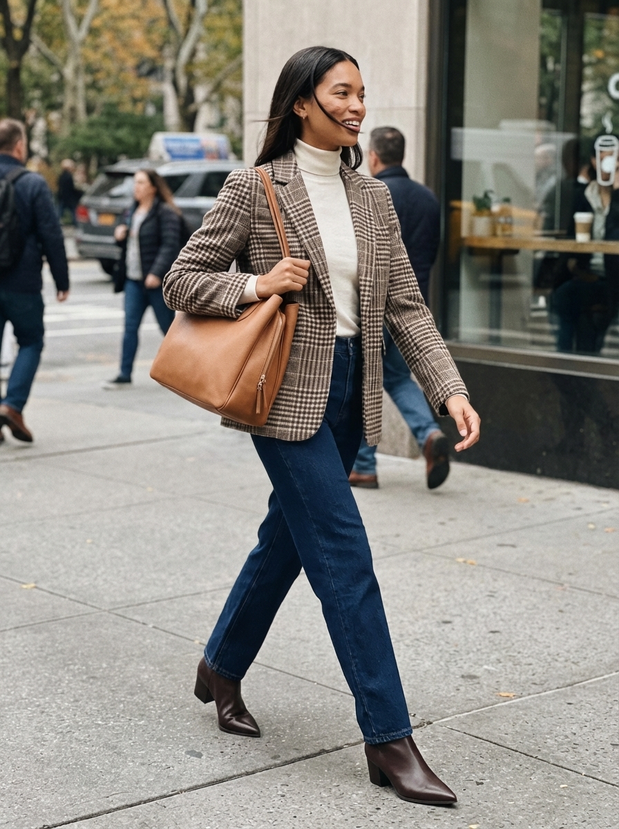 A sophisticated 'Western chic' office or dinner outfit: plaid blazer, cream turtleneck, dark wash jeans, brown ankle boots and leather tote.