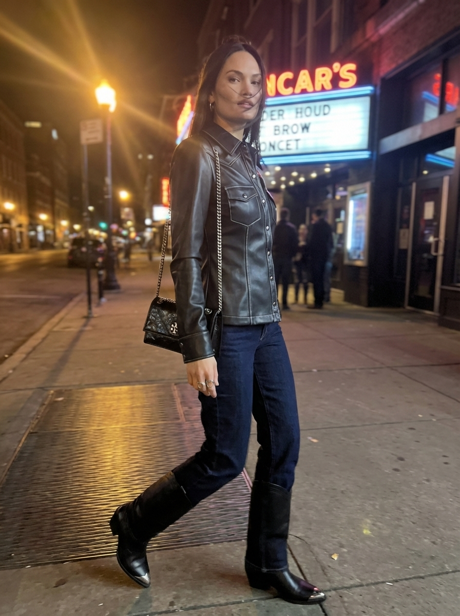 Edgy Western chic outfit with a black faux leather button-down, dark wash straight-leg jeans, black pointed-toe cowboy boots with silver caps, and a mini shoulder bag.