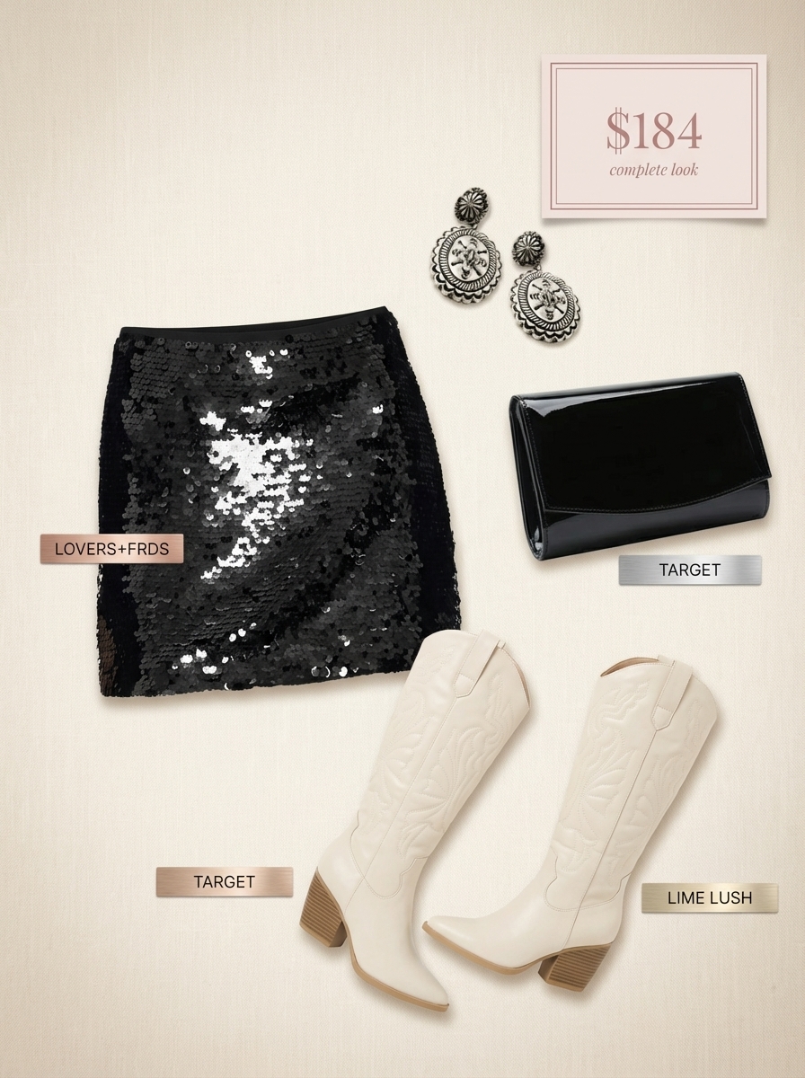 Bold Western chic night out outfit with a black and silver sequin mini skirt, black turtleneck, white cowboy boots, black clutch, and silver Western earrings for concerts or parties.