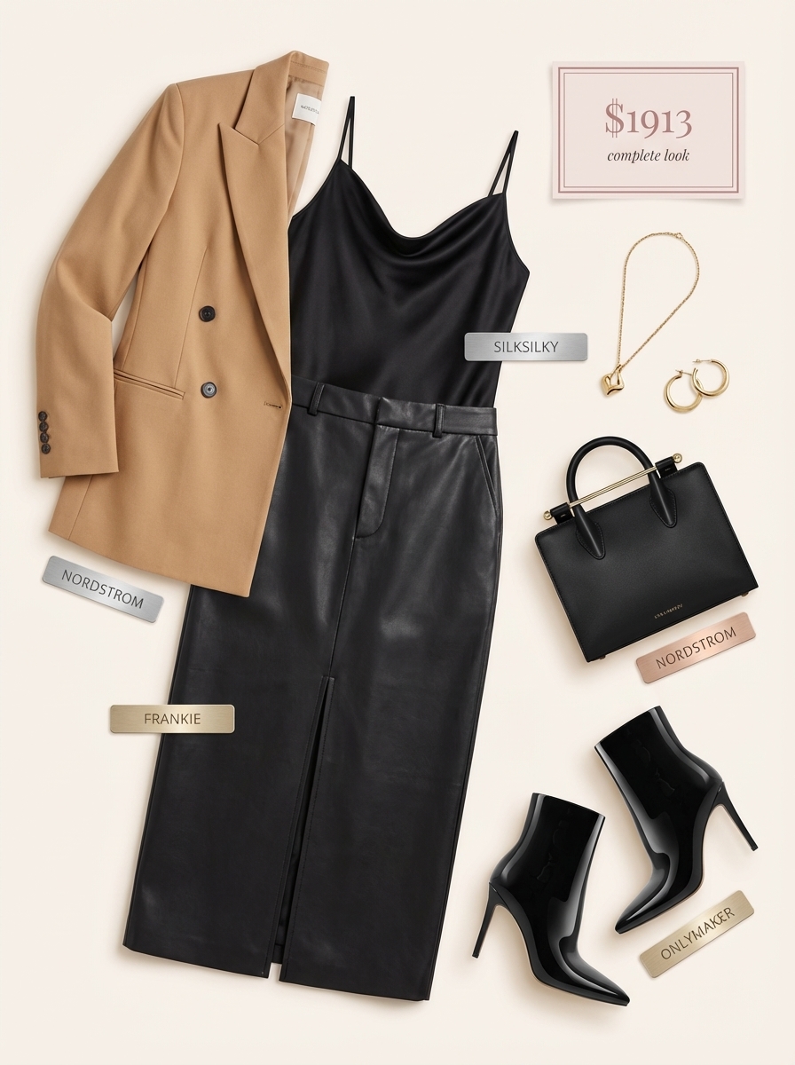 A polished Western chic outfit for business casual or dinner, featuring a camel oversized blazer, black faux leather pencil skirt, black silk camisole, top-handle bag, and patent ankle boots.