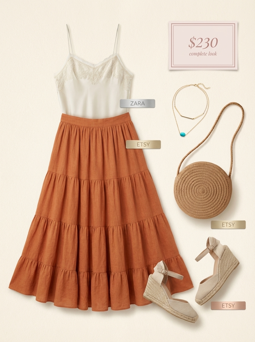 Romantic Western chic outfit for a summer festival or date night, featuring a terracotta tiered maxi skirt, lace-trimmed camisole, distressed leather ankle boots, straw bag, and turquoise necklaces.