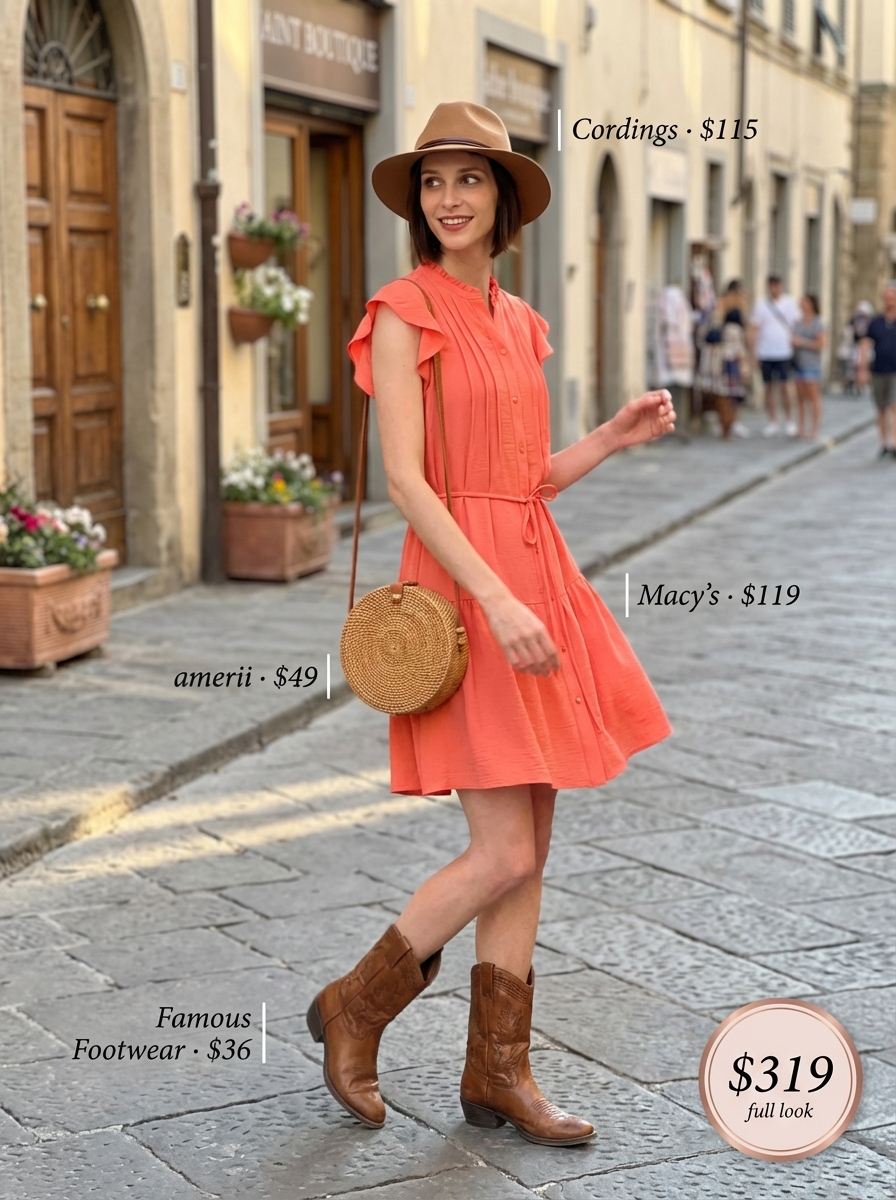 Woman in a terracotta maxi shirt dress with roll-tab sleeves, straw crossbody bag, felt hat, and cowboy boots for a Western chic outdoor gathering.