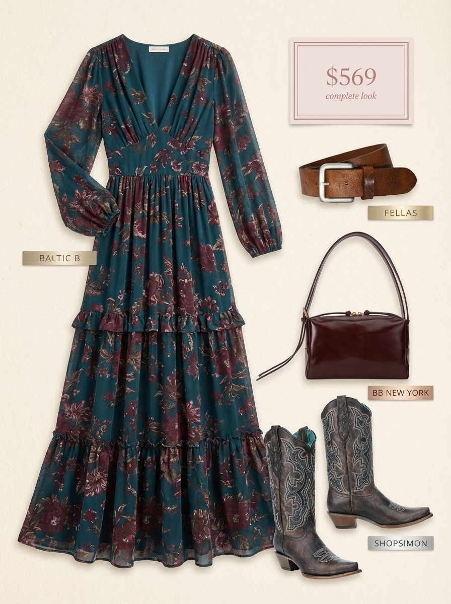 Glamorous Western chic rodeo outfit with a deep teal floral maxi dress, rich brown embroidered cowboy boots, a wide silver buckle belt, and concho earrings.
