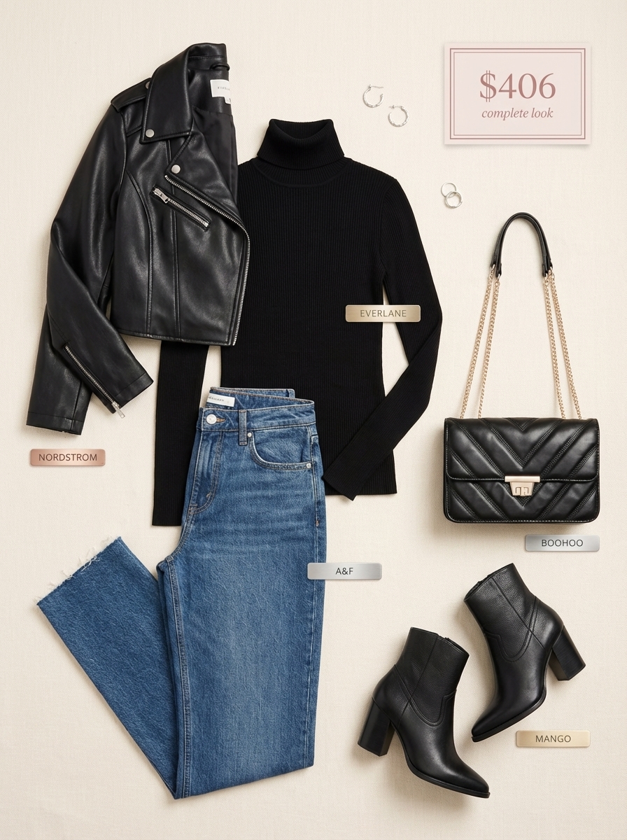 An edgy 'Western chic' concert outfit with dark indigo straight leg jeans, black turtleneck, faux leather jacket, and pointed-toe boots.