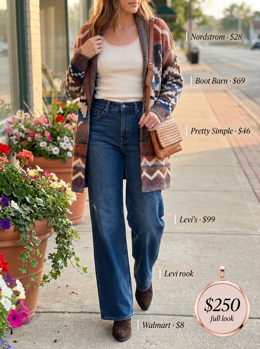 Cozy Western chic outfit for a casual weekend, featuring a terracotta southwestern knit cardigan, cream camisole, dark wash wide-leg jeans, distressed suede ankle boots, and woven crossbody bag.