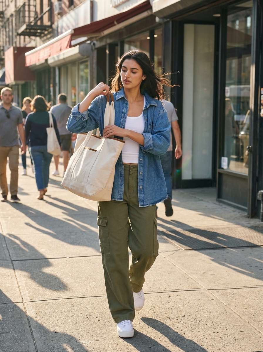 Adventurous Western chic outfit for urban exploration with khaki green cargo pants, a white tank top, an oversized denim shirt, canvas tote, and platform sneakers.