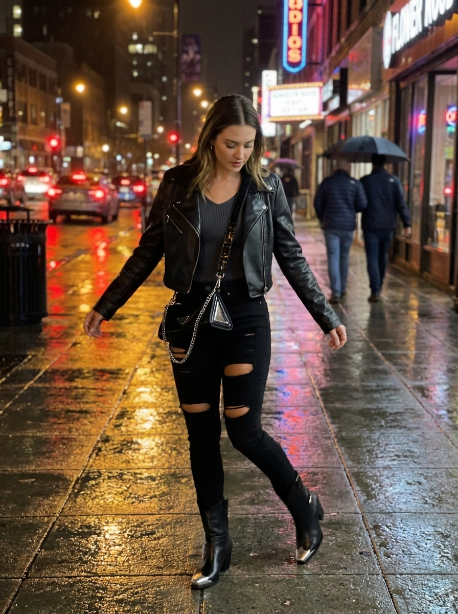 Edgy Western chic urban rancher outfit with a black cropped faux leather biker jacket, fitted V-neck top, distressed skinny jeans, and black cowboy boots.