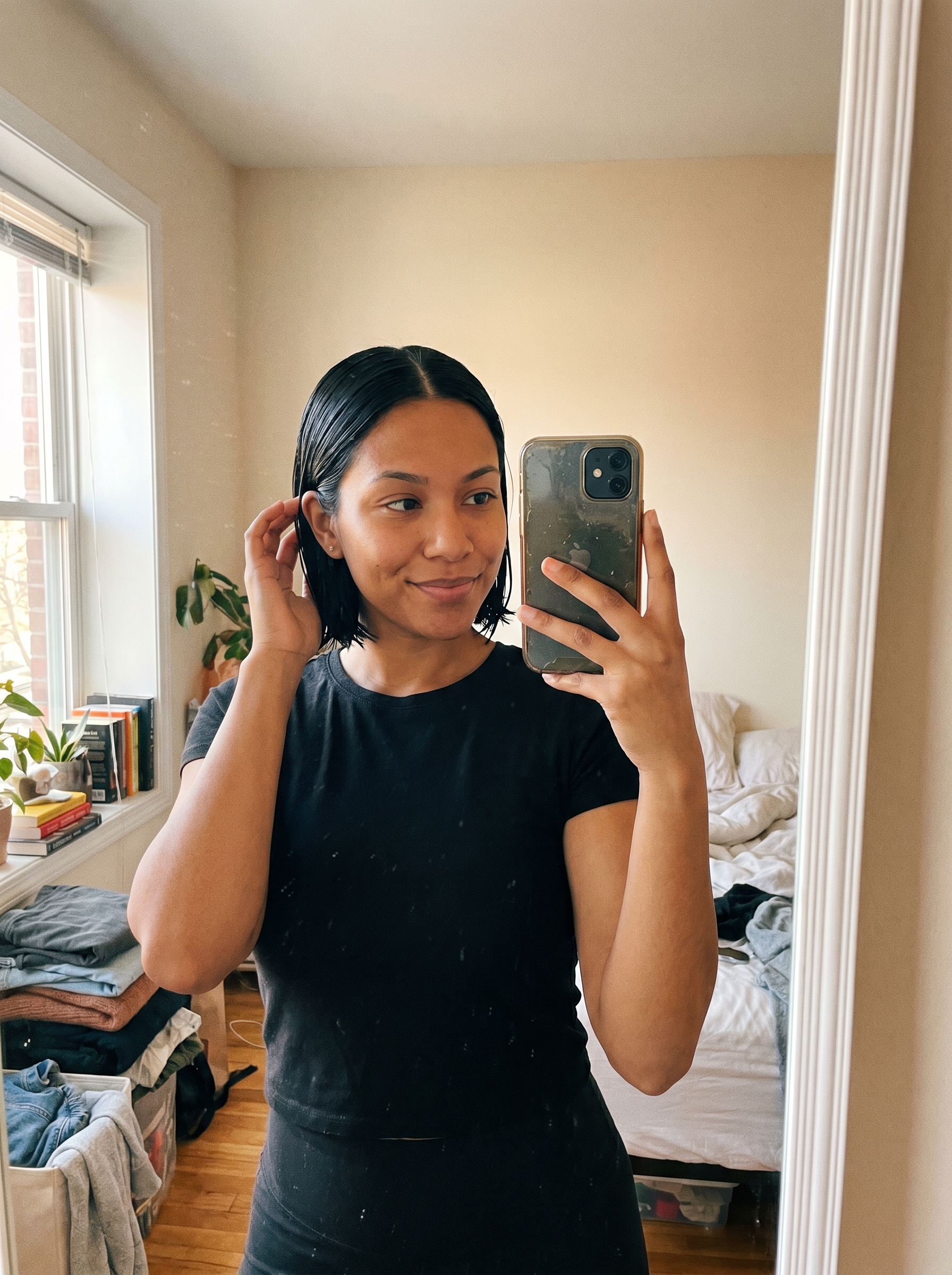 A sleek, futuristic Cyber-Sleek Hydro-Bob, a minimalist style example for women haircuts summer 2026. This chic look, featuring deep brunette, is perfect for any occasion.