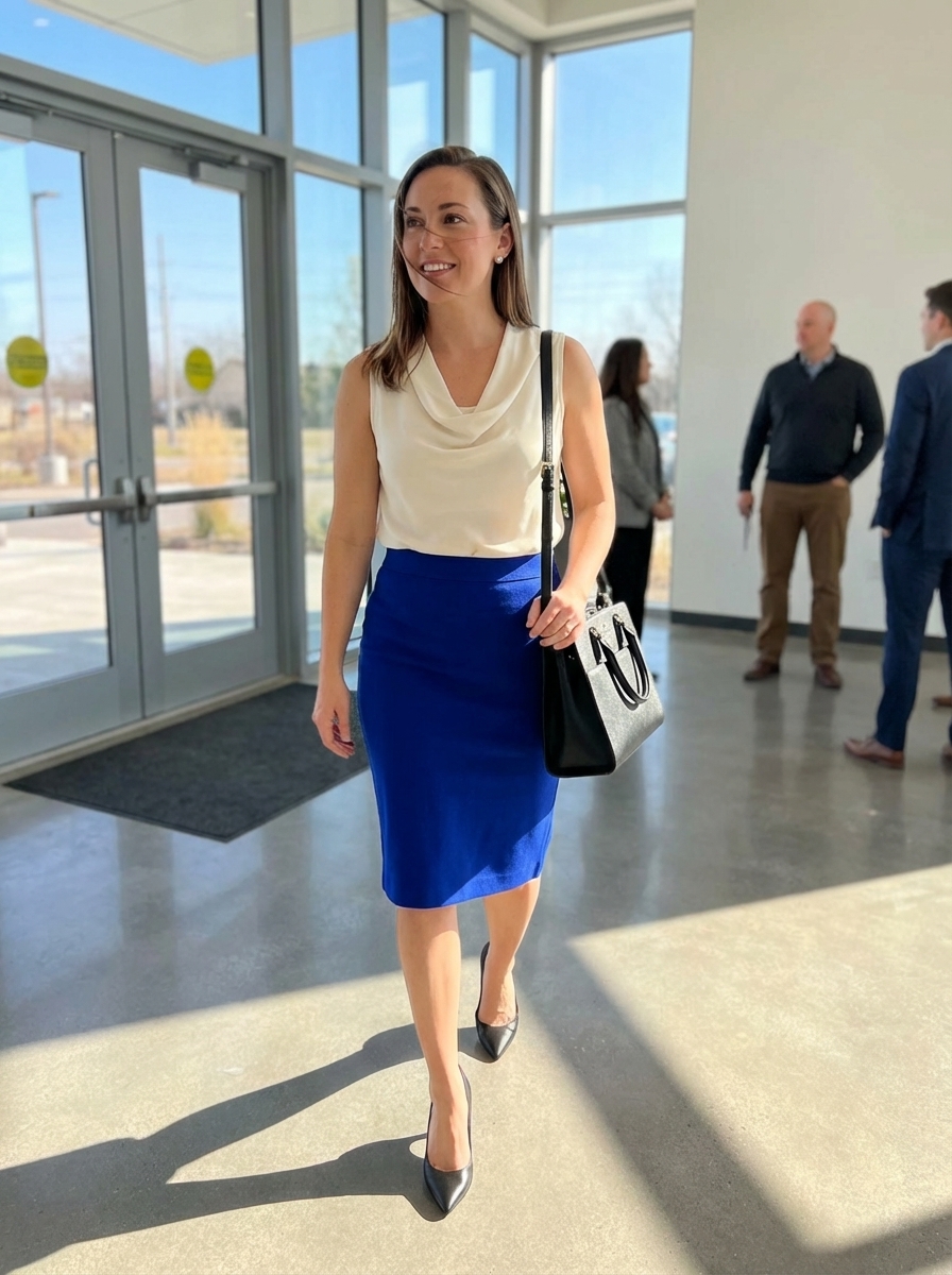 Work Outfits Summer 2024: Cobalt Blue Power Skirt Bold work outfits summer: Cobalt blue pencil skirt with off-white silk blouse and black pumps.
