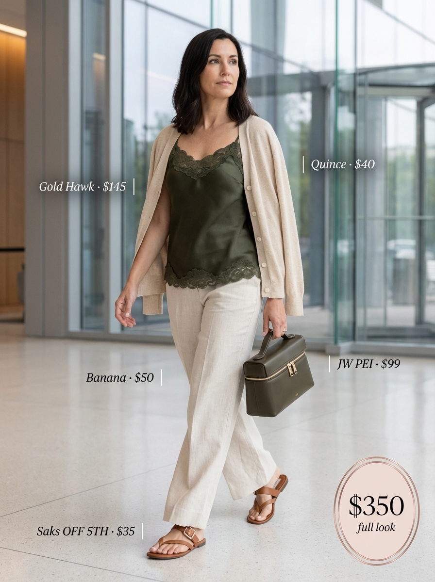 Elegant Work Outfits Summer 2024 Cream linen pants with olive green cami and cardigan for elegant client lunch work outfits summer.
