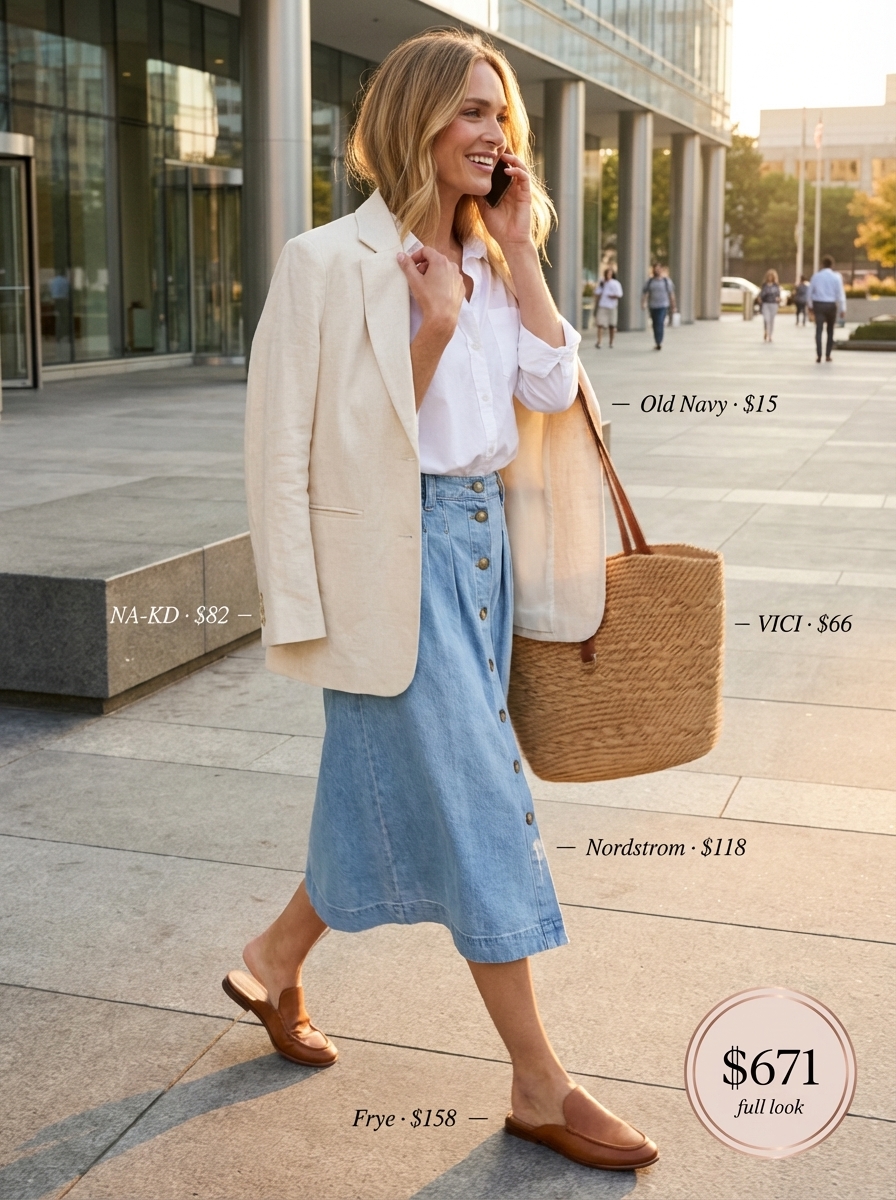 Work Outfits Summer 2024: Denim Skirt Casual Friday Casual Friday work outfits summer: Light wash denim midi skirt with white shirt and cream blazer.