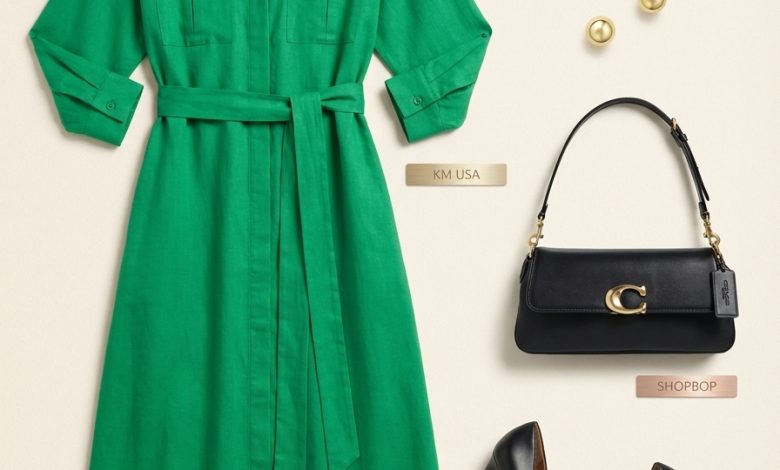 Emerald green midi shirt dress with black pumps and gold accessories for sophisticated work outfits summer.