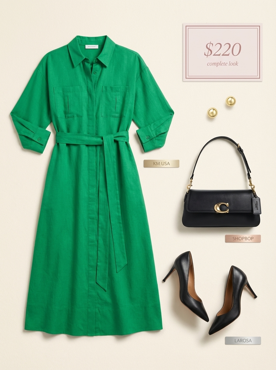 Sophisticated Work Outfits Summer 2024 Emerald green midi shirt dress with black pumps and gold accessories for sophisticated work outfits summer.