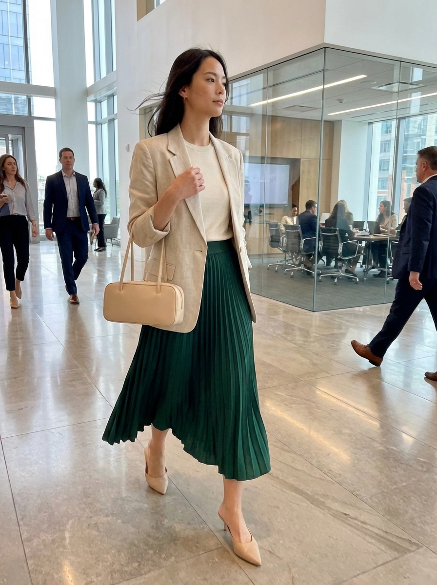 Work Outfits Summer 2024: Emerald Green Boardroom Style Formal work outfits summer: Emerald green satin midi skirt with cream knit top and beige blazer.