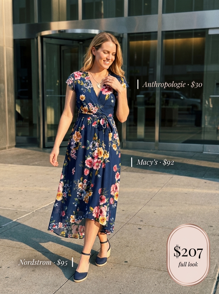 Work Outfits Summer 2024: Floral Dress Creative Office Vibrant work outfits summer: Floral print midi dress with espadrille wedges for creative offices.