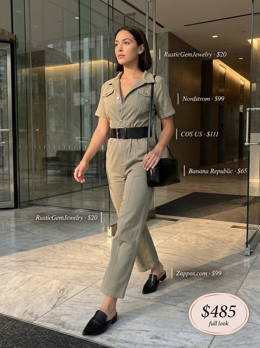 Chic Jumpsuit Work Outfits Summer 2024 Khaki green jumpsuit for work outfits summer, styled with mules and a belt. Ideal for casual Fridays.