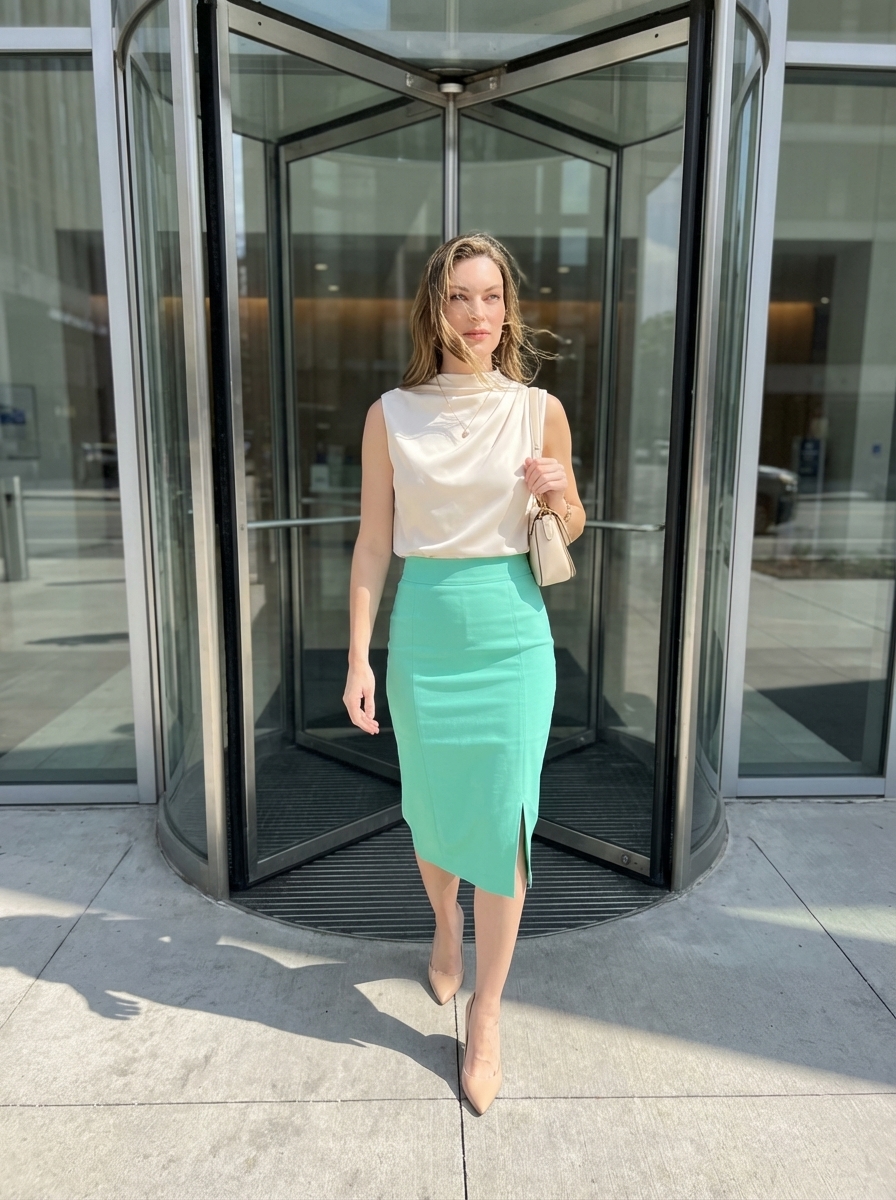 Work Outfits Summer 2024: Mint Green Pencil Skirt Elegance Elegant work outfits summer: Mint green pencil skirt with cream silk blouse and nude pumps.