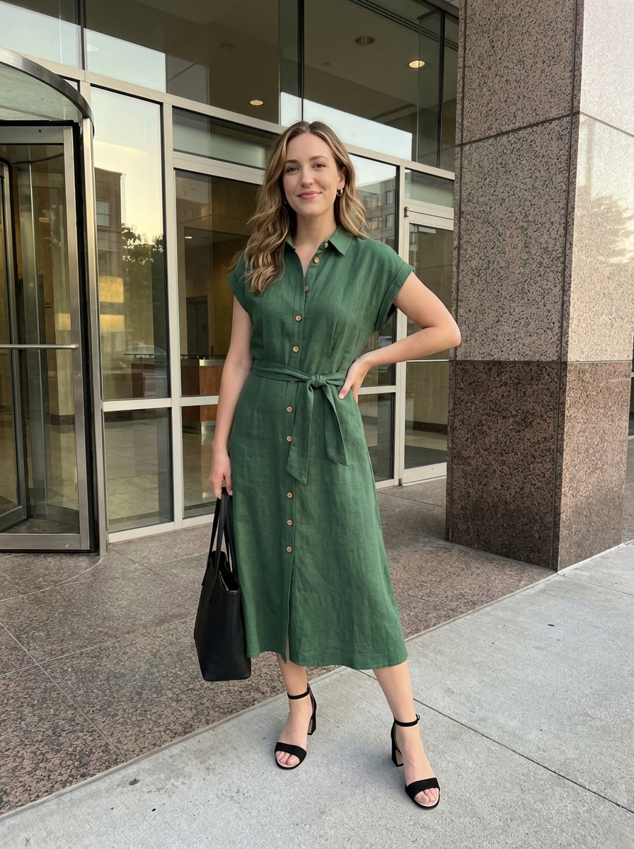 Sophisticated Work Outfits Summer 2024 Olive green shirt dress with black belt and sandals for sophisticated work outfits summer.