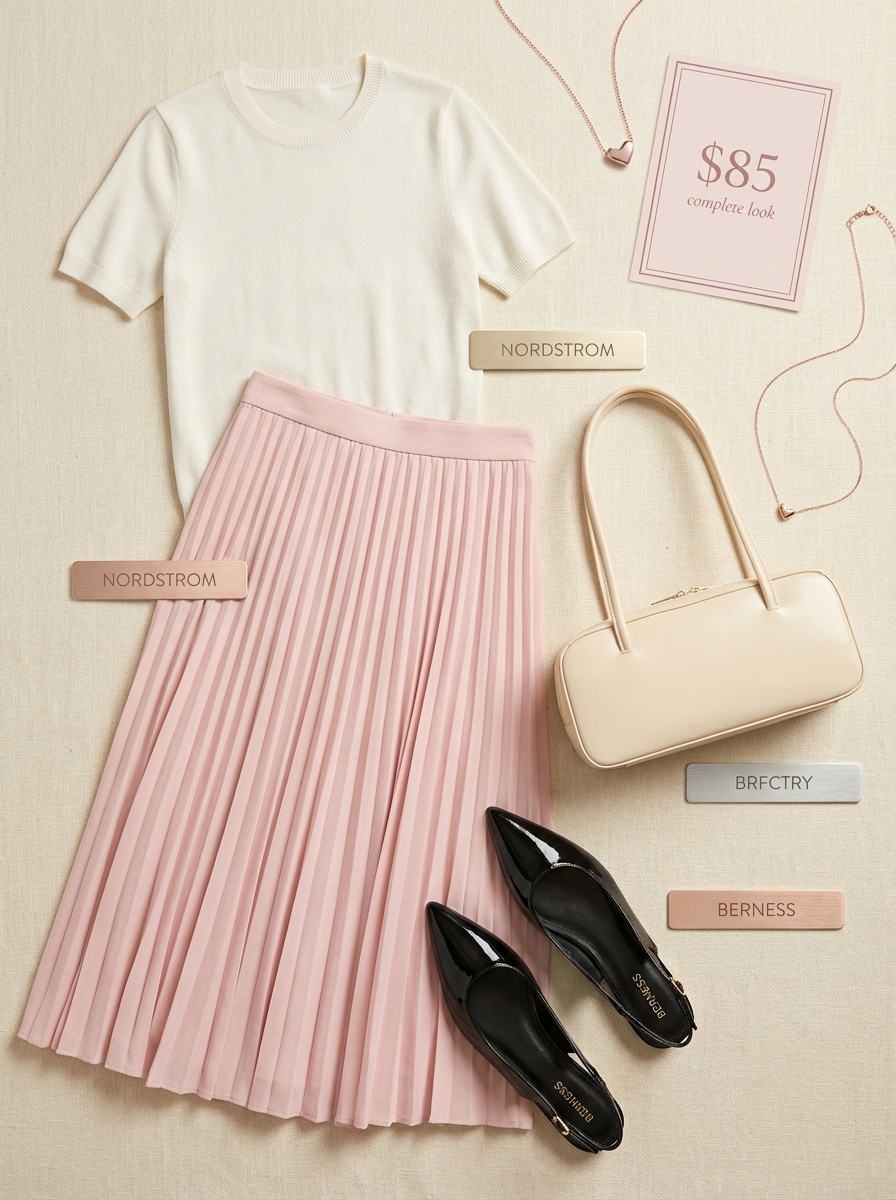 Pleated Skirt Work Outfits Summer 2024 Blush pink pleated skirt outfit for work outfits summer, with a knit top and slingback flats.
