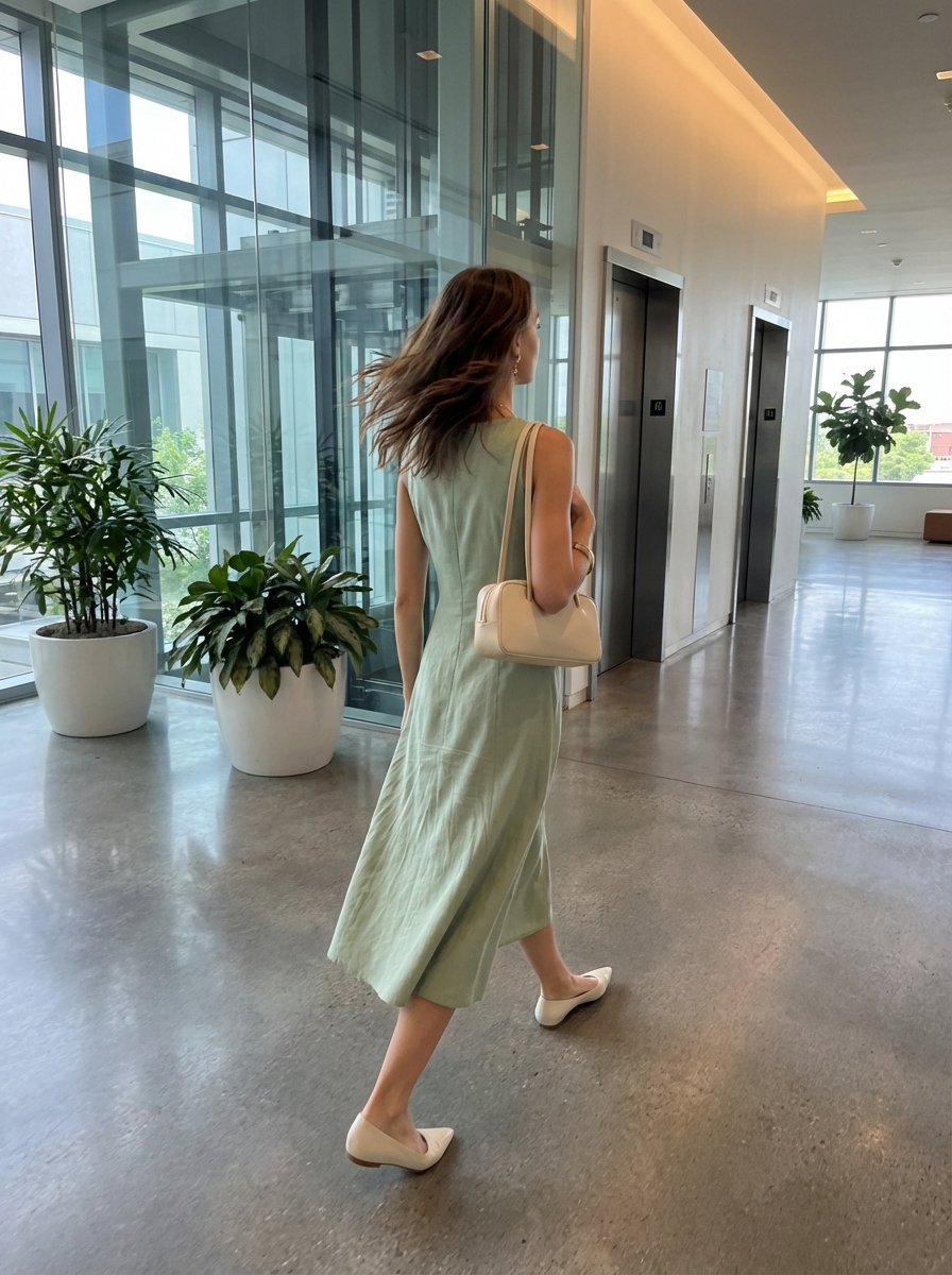 Sage Dress Work Outfits Summer 2024 Sage green dress for work outfits summer, with ballet flats and a shoulder bag. Professional and calm.
