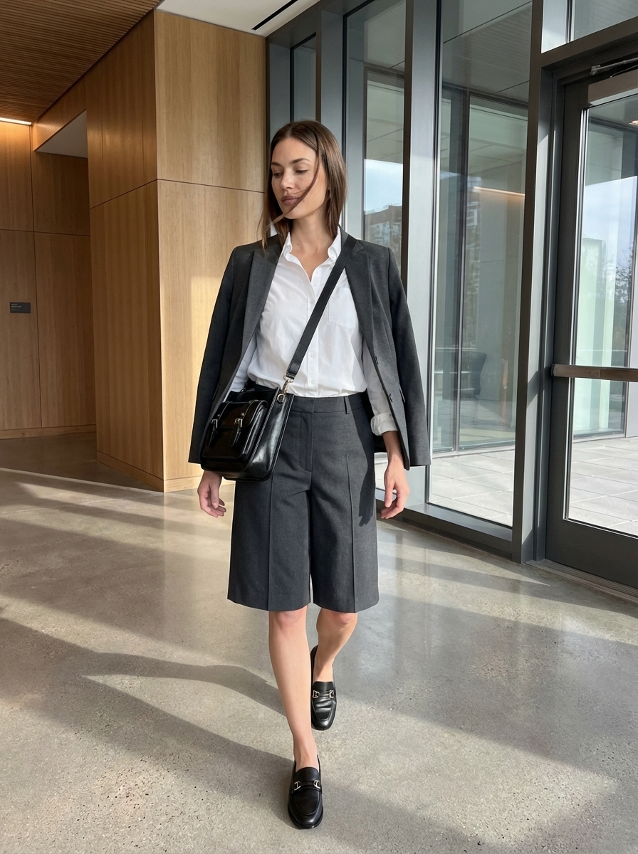 Shorts Suit Work Outfits Summer 2024 Charcoal grey shorts suit for work outfits summer, with a white shirt and loafers. Modern and sharp.