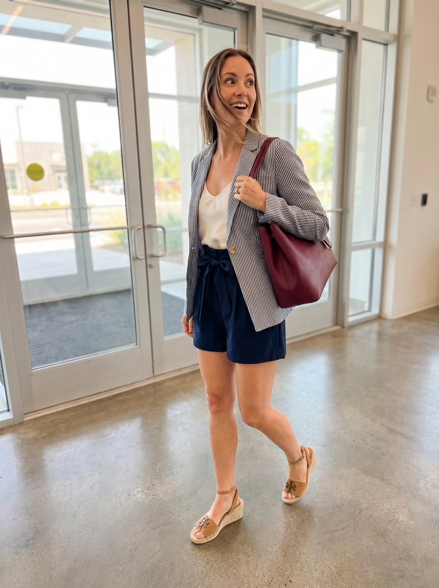 Striped Blazer Work Outfits Summer 2024 Striped blazer outfit for work outfits summer, with paper-bag shorts and espadrilles. Chic and professional.