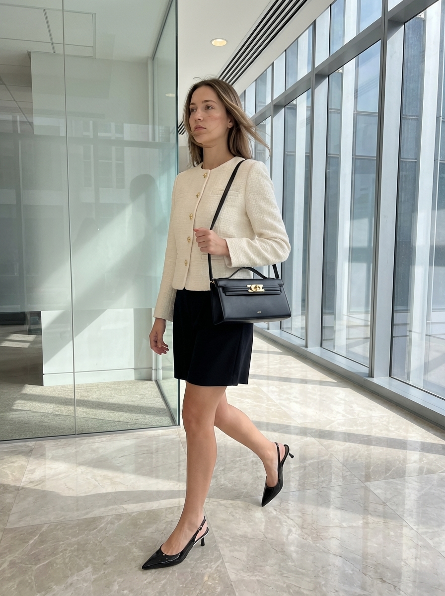 Work Outfits Summer 2024: Tweed Blazer & Shorts Combo Sophisticated work outfits summer: Cream tweed blazer over black shorts and camisole.