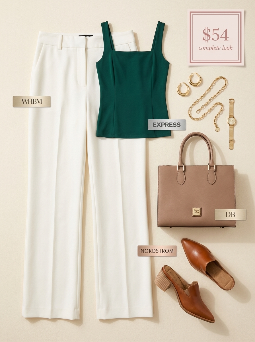 Work Outfits Summer 2024: White & Green Office Look Chic work outfits summer: Emerald green knit top with white wide-leg trousers and tan mules for office.