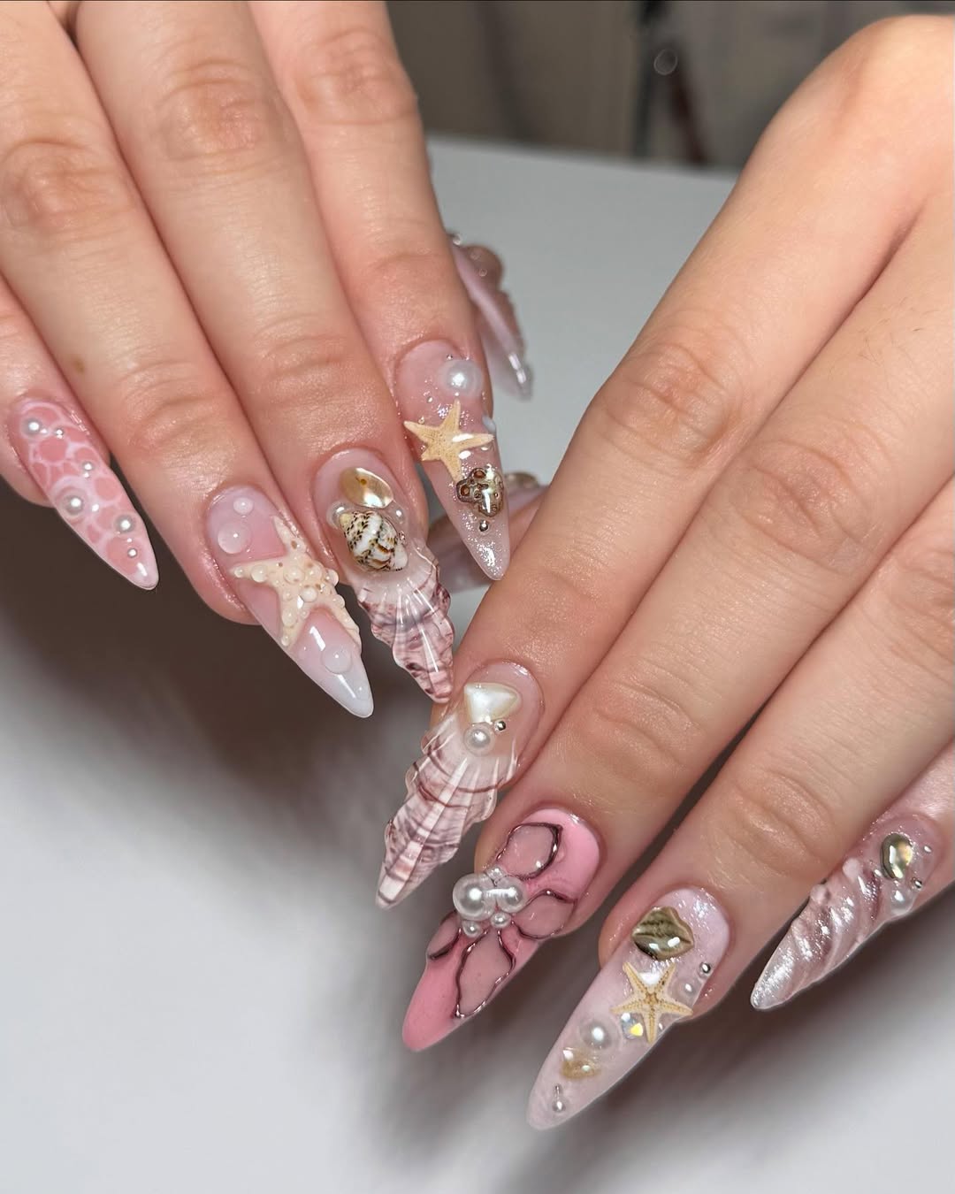 3D Seashell Pink Blue Ocean Stiletto Nails