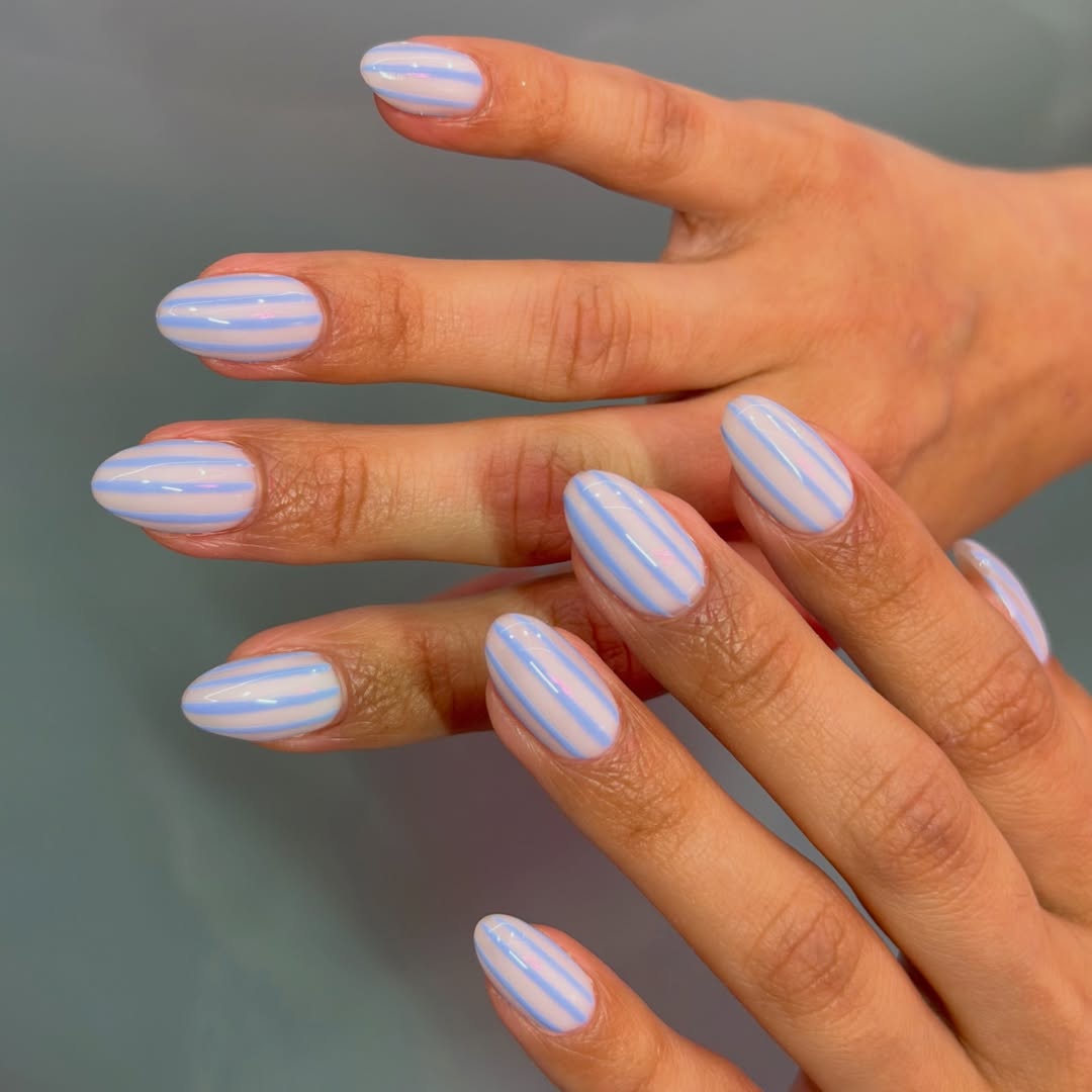 Baby Blue Pinstripe Oval Milky Nails