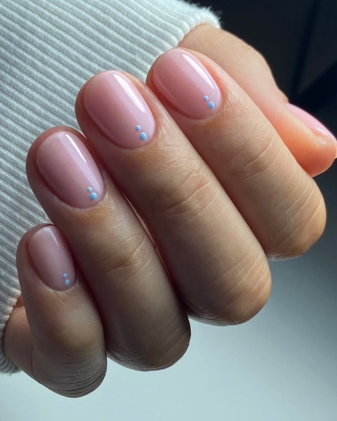 Baby Pink Glossy Oval Nails with Sky Blue Dots