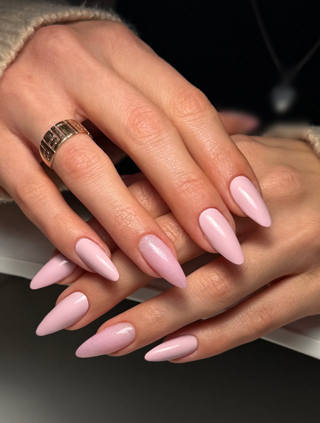 Baby Pink Stiletto Nails With Glitter Accent