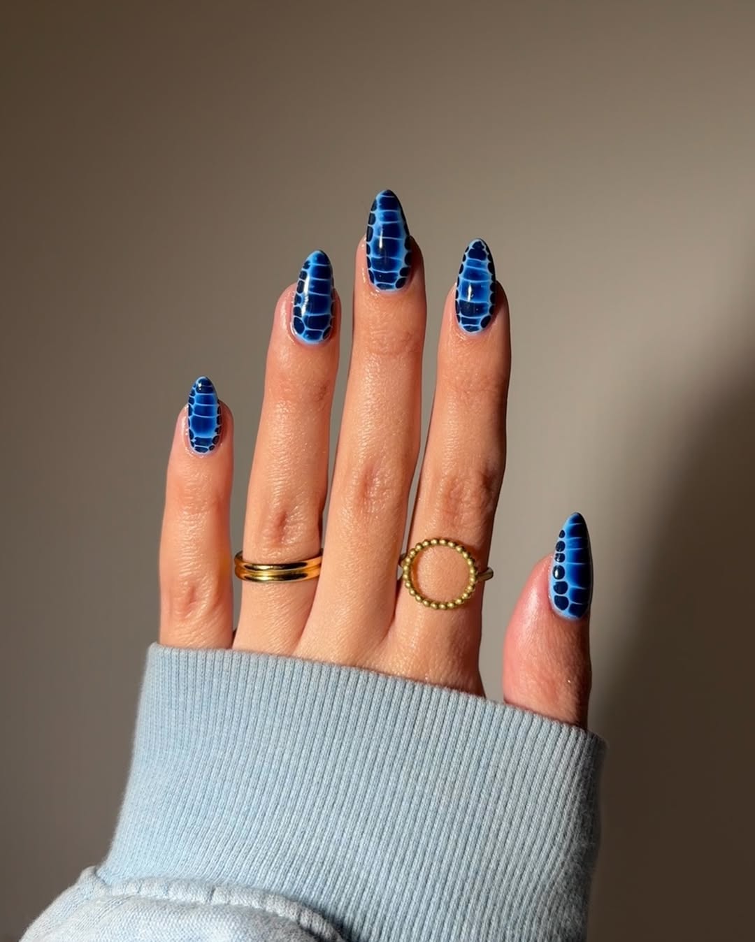 Blue Alligator Skin Glossy Almond Nails