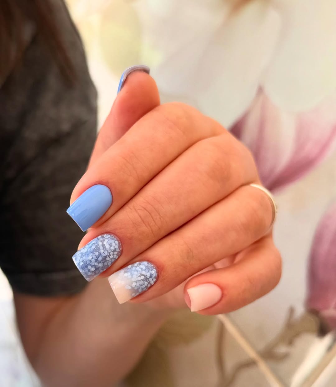 Blue and Nude Glitter Ombré Square Nails