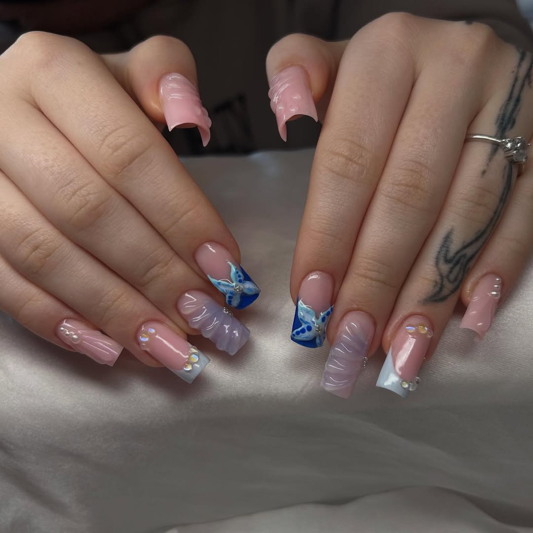 Blue Butterfly French Tips with 3D Ocean Waves