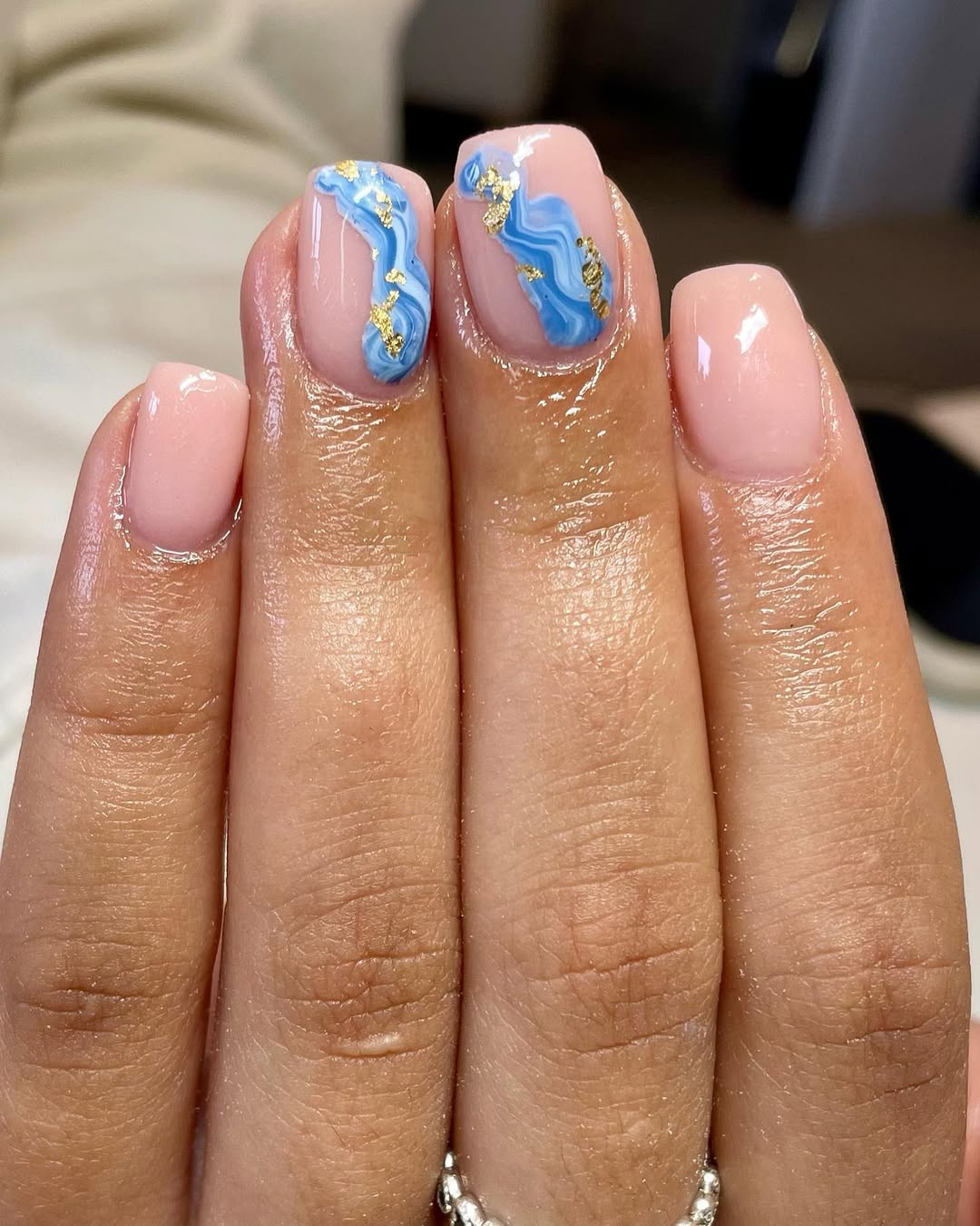 Blue Marble With Gold Foil Short Square