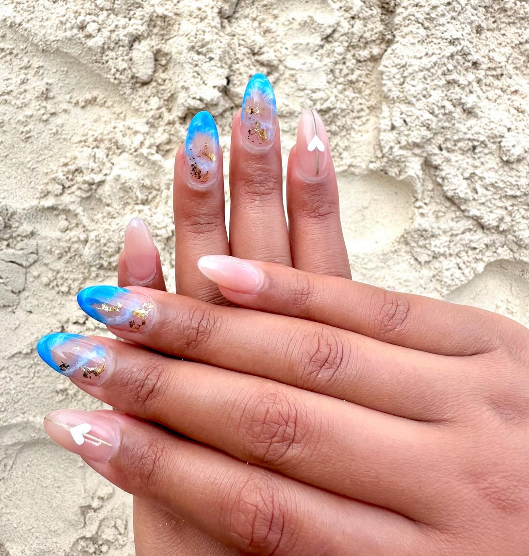Blue Ocean Waves Gold Flake Almond Nails