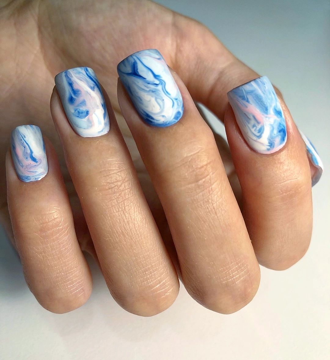 Blue Pink White Marble Swirl Glossy Square Nails