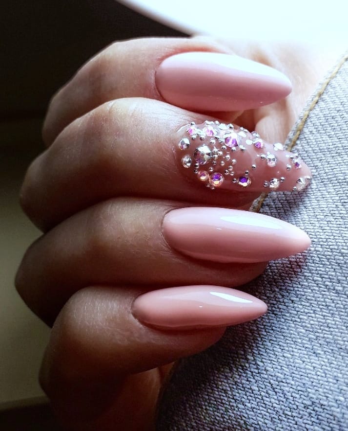 Blush Pink Almond Rhinestone Accent Nails