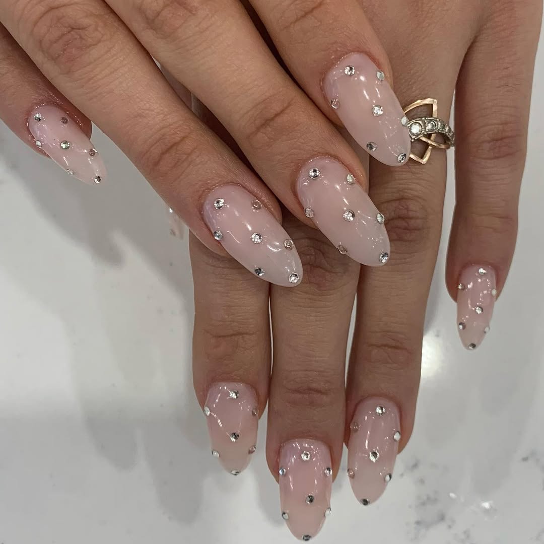Blush Pink Almond Rhinestone Scatter Nails